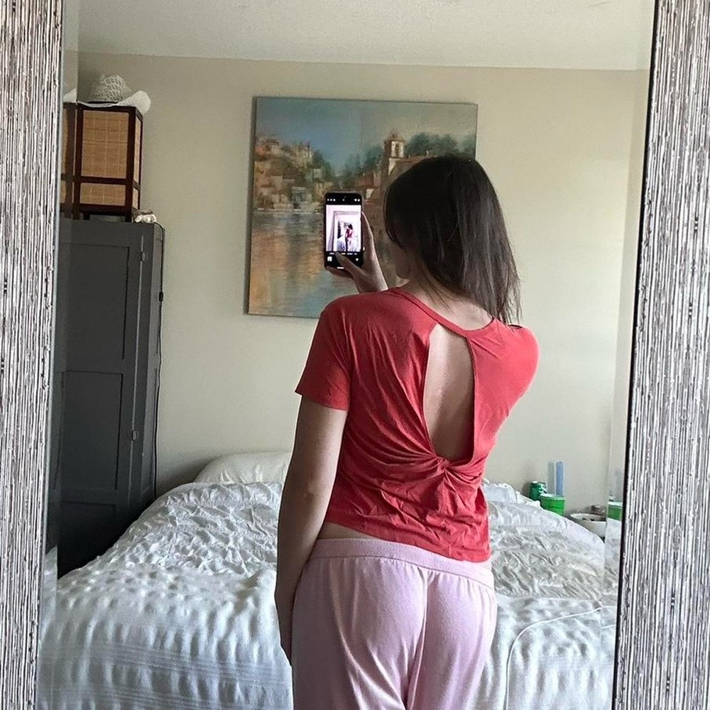 Coral color, short sleeve workout top
